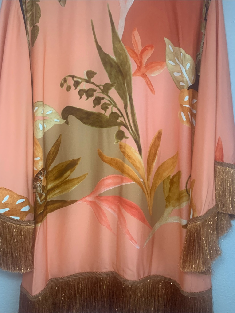 PatBO Bananier Short Coverup | Kaftan in Peach with Beaded Trim and Fringe - Picture 7 of 9